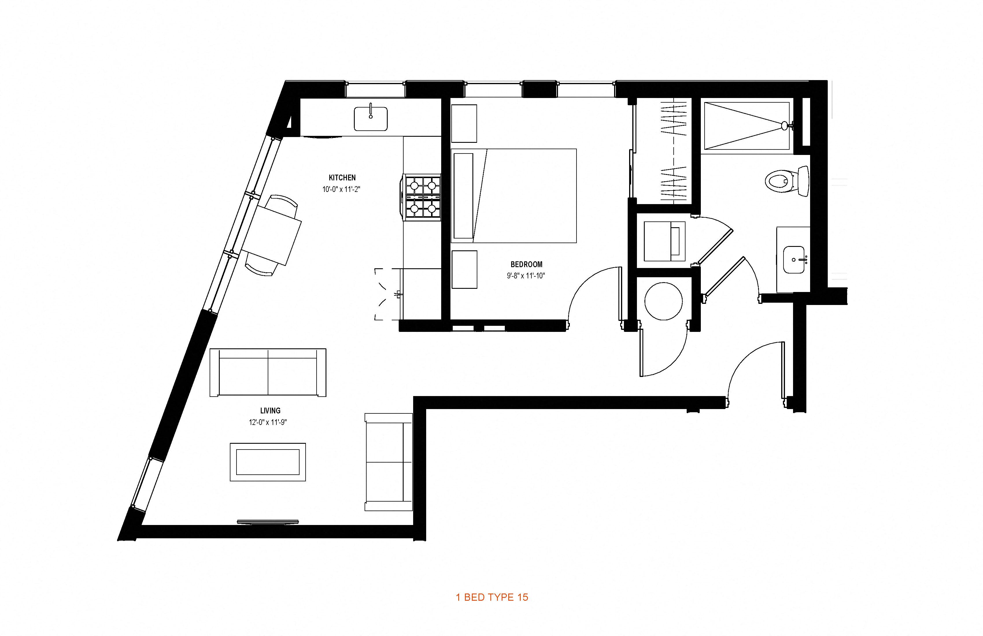Floor plan for 1 bed, 1 bath, 632 sqft